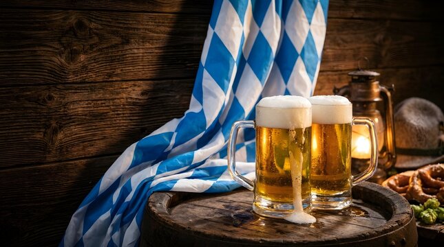 Oktoberfest celebration two frosted beers with bavarian flag pretzels and rustic lantern lighting