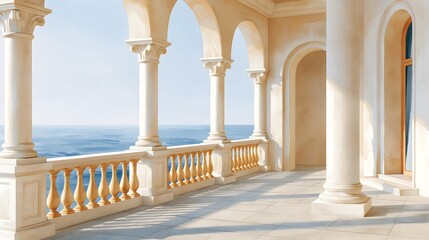 Fototapeta premium Classical Mediterranean balcony with white marble columns and arches overlooking blue sea ocean view illustration