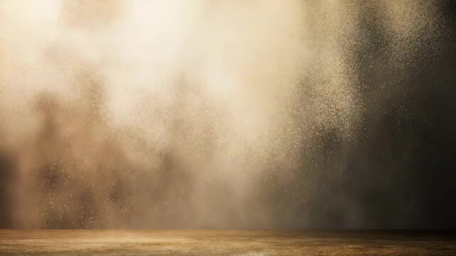 Golden dust particles float in hazy cloud above textured ground, bathed in warm light. This ethereal, abstract background is ideal for creative visuals, digital art, presentations, modern design