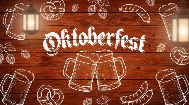 Oktoberfest bavarian beer festival illustration with pretzel sausage and hops on wood texture