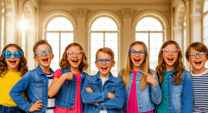 Group of happy children wearing colorful glasses and denim jackets. Kids laughing together in a bright hall. Vision health and friendship concept for education and optometry marketing.