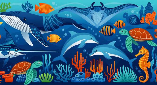 Vibrant vector illustration of diverse marine life swimming in a coral reef. Features whale, dolphins, sea turtles, manta ray, and seahorse. Ocean biodiversity concept for decor and education.