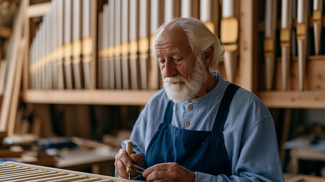 Elderly pipe organ builder in a minimalist workshop adjusting internal flue pipes with precision tools, the massive wooden framework towering overhead, the serene focus of a