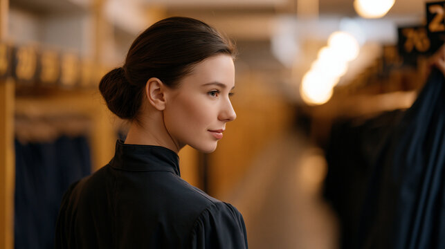 Theatrical wardrobe mistress viewed over the shoulder in an empty desolate backstage corridor, holding a costume garment bag against numbered rail hangers, the long dim hallway