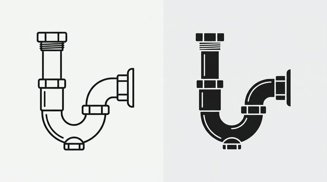 "Create a minimalist plumbing icon set featuring two P-trap pipe illustrations displayed side by side. One icon should use clean black outline strokes, while the other should be rendered as a solid bl