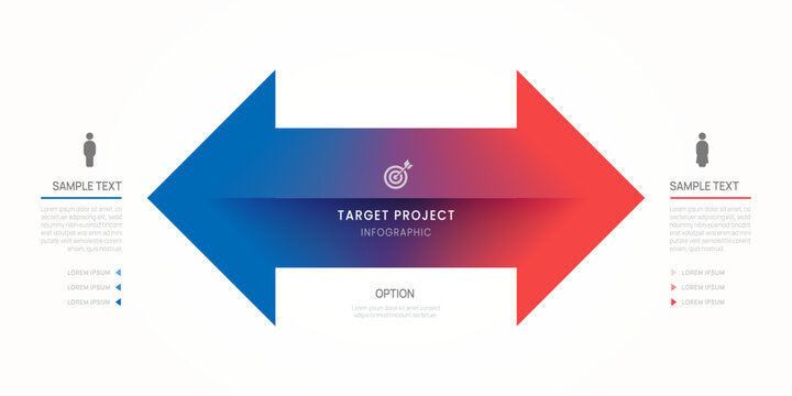 Infographic circle chart arrow Venn diagram business template 2 color options, presentation vector illustration.
