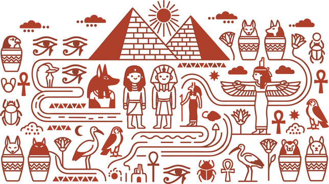 Ancient Egypt flat vector illustration featuring pyramids pharaoh cleopatra anubis canopic jars scarab beetles and hierarchical eye of horus symbols,