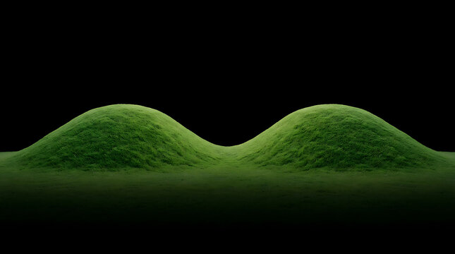 Two symmetric green grass hills against a dark black background with landscape background symmetric environment isolated minimalist topography hillside