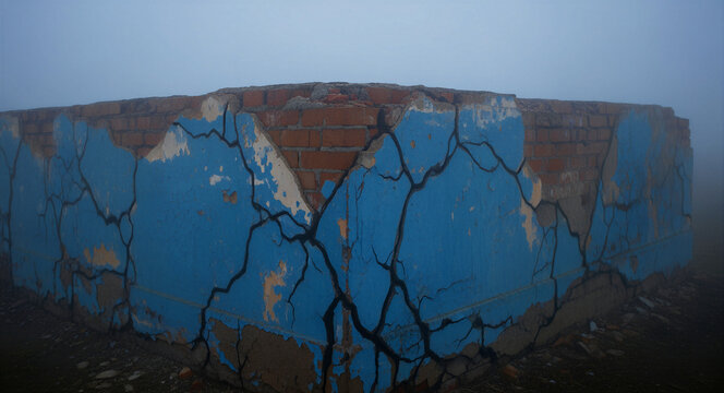 Ruined brick wall with peeling blue paint and deep cracks in heavy fog. Abandoned structure showing signs of decay and weathered architecture. Neglect and isolation concept for atmospheric media.