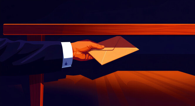Hand in suit passing envelope under a table. Secret clandestine exchange in a dark office. Corruption and bribery concept, ideal for corporate fraud, ethics, and political scandal campaigns.