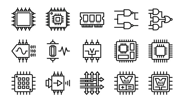 Set of Electronic Circuit Icons: CPUs, RAM, Logic Gates, Oscilloscope, Transistor, ALU