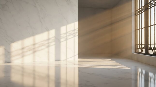 Minimalist studio room with luxury marble partition wall and strong window pane light shadow pattern