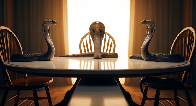 Three cobras sitting at a dining table in a room. The snakes are positioned for a meeting under cinematic lighting. Surreal metaphor for toxic relationships, ideal for business or social ads.