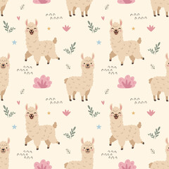 Fototapeta premium Cute Llama Alpaca Seamless Pattern, Kawaii Childlike Animal Cartoon Background with Botanical Leaves Illustration, Minimalist Muted Pastel Earth Tones Nursery Kids Repeatable Surface Wallpaper