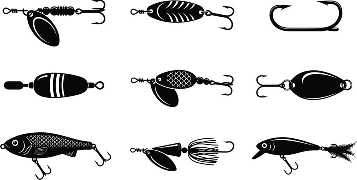 Fishing lures and hooks silhouette vector set featuring spinner bait spoon crankbait and angling tackle elements
