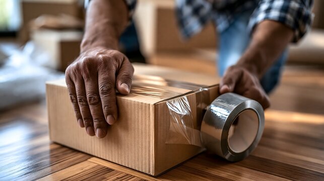 Nahaufnahme eines Mannes beim sicheren Zukleben eines Umzugskartons