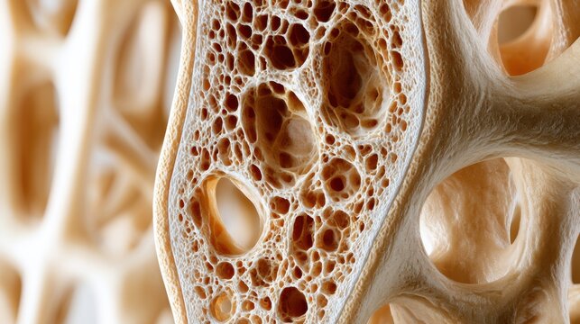 Close-up macro view of porous human bone structure, highlighting the intricate cancellous bone tissue