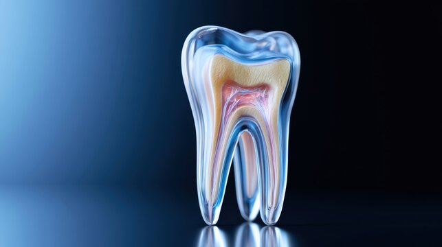 A cross-section of a tooth revealing its internal structure, including enamel, dentin, pulp, and roots, set against a gradient blue background