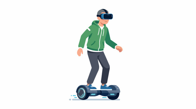 Cartoon figure wearing a virtual reality headset rides a hoverboard in a bright green hoodie on a white background