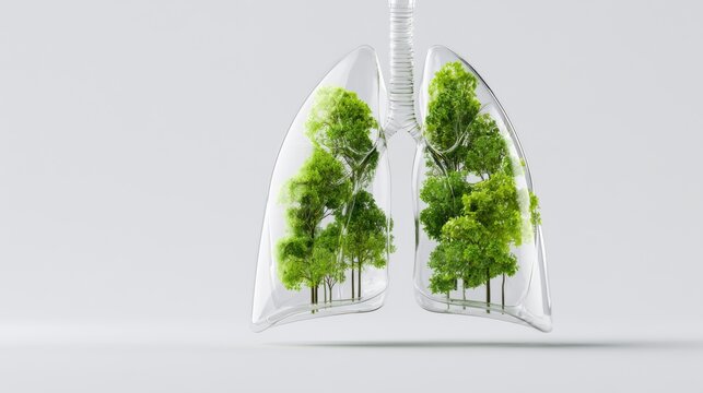Illustration of human lungs filled with green trees, symbolizing the importance of nature for respiratory health