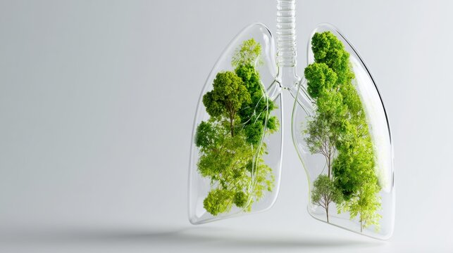 A transparent human lung model filled with vibrant green trees and foliage, symbolizing environmental health and natural breathing