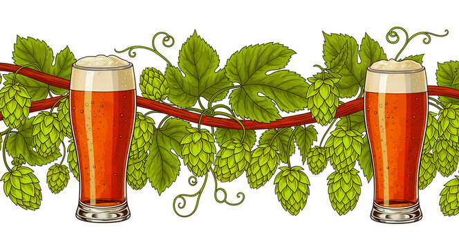 Two glasses of amber craft beer surrounded by fresh green hop vines. Hand-drawn illustration of ale with foam and brewery ingredients. Perfect for beer festival posters and brewery marketing.