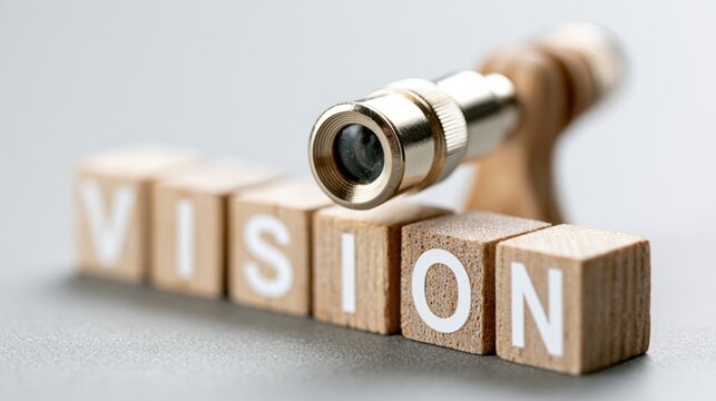 The word VISION spelled out on wooden blocks with a magnifying glass positioned over the letter 'O', suggesting foresight and exploration