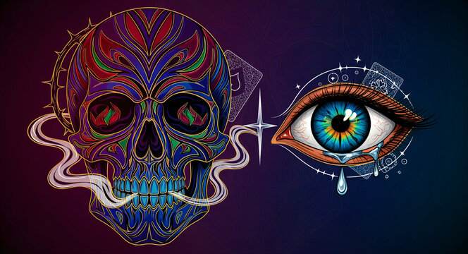 Ornate psychedelic skull and crying eye on a dark mystical background. Decorative illustration with patterns, celestial symbols, and playing cards. Surreal gothic art concept, ideal for poster design.