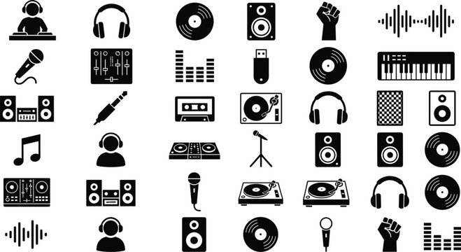 Music and DJ equipment silhouette icons vector set featuring vinyl record turntable headphones speakers microphone keyboard