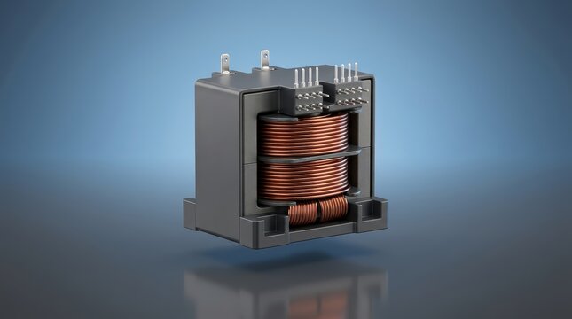 Pulse transformer 3D render high speed signal isolation component for switching electronics communication hardware and digital interface circuits