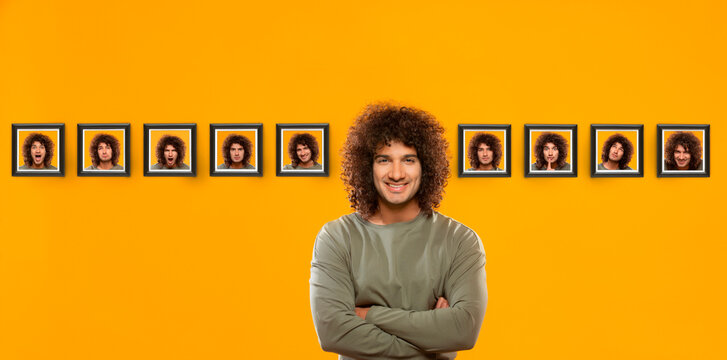 PORTRAIT OF CURLY HAIRED YOUNG MAN WITH 9 DIFFERENT MOODS OF HIMSELF IN THE BACKGROUND