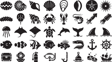 Marine Life Ocean Creatures Nautical Equipment and Underwater Exploration Glyph Icon Set © MSTNUSRATJAHAN