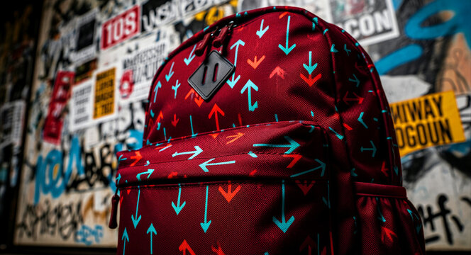 Red backpack with arrow pattern placed against an urban graffiti wall. Streetwear rucksack features teal and orange arrows on a burgundy canvas. Urban fashion and youth culture concept.