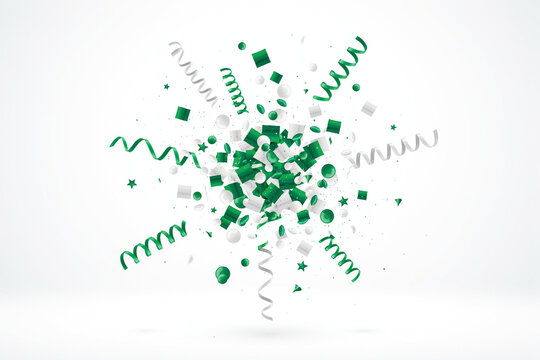 Green and white confetti explosion on white background