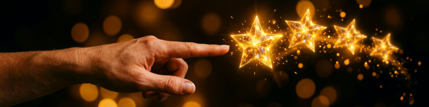 Hand pointing towards glowing gold stars on a dark bokeh background. Person selecting a five star rating represented by magical sparkling lights. Customer feedback and quality service concept.
