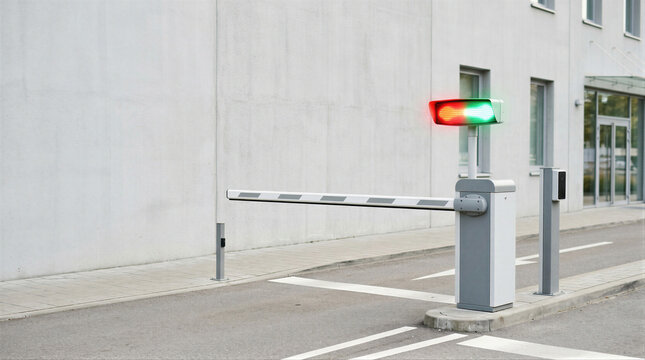 Automatic vehicle barrier with green light sensor at secure office building entrance. Intelligent parking access control system for road traffic management and automated security entry.