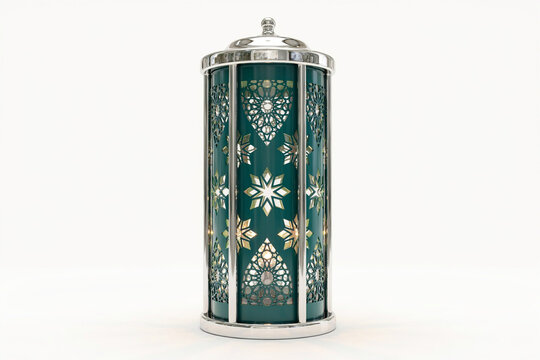 Green Moroccan lantern with silver metalwork and intricate geometric patterns
