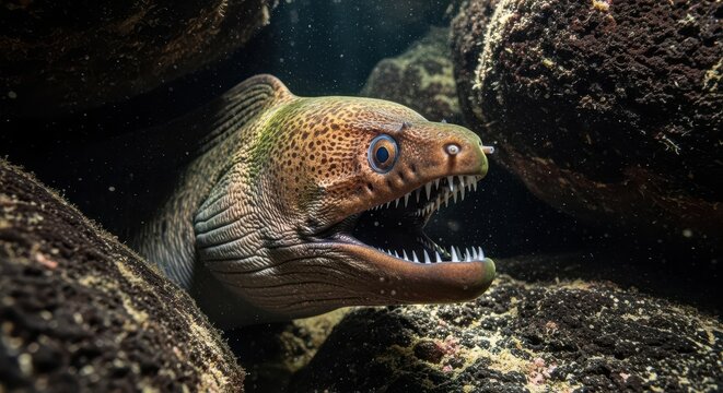 Fearsome Moray Eel With Sharp Teeth Emerging From Rocky Underwater Dwelling