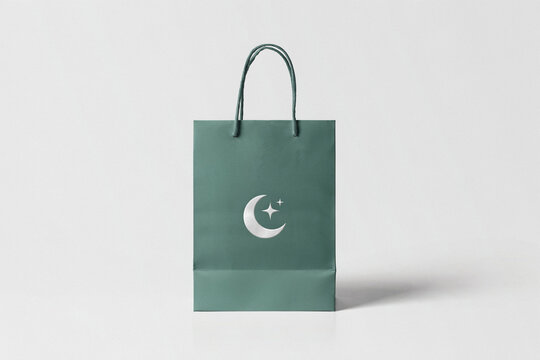 Green paper shopping bag with crescent moon and star logo