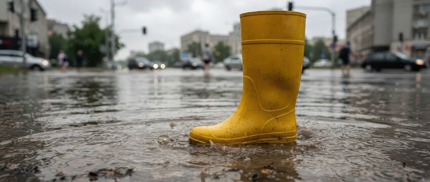 Intense rainfall has led to significant flooding in the city, where a solitary yellow rubber boot lies abandoned on the drenched ground