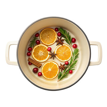 Simmer pot ingredients orange cinnamon rosemary cranberry in enamel saucepan