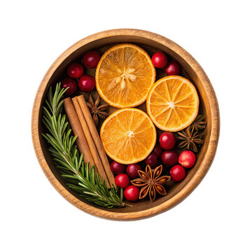 Simmering potpourri ingredients with orange slices cinnamon sticks cranberries rosemary in wooden bowl