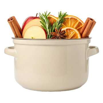 Cooking pot filled with apples orange slices cinnamon sticks rosemary star anise autumn simmer recipe