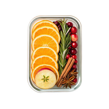 Glass food storage container filled with sliced oranges cranberries cinnamon rosemary star anise