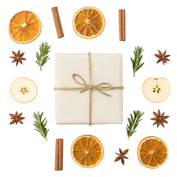 Autumn simmer pot gift kit with wrapped package dried orange slices cinnamon rosemary star anise top view flat lay