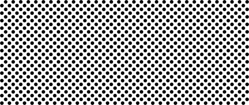 Mosaic holey print. Perforated metal texture. Peg board, radiator or speaker grill surface with repeated round holes. Black circular dots on white background. Vector Illustration with amazing dots.