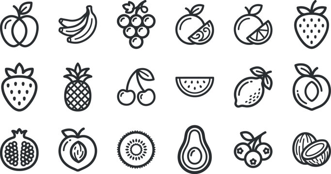 Editable outline fruit icon vector set for health nutrition diet fitness and healthy food lifestyle concepts