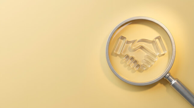 Business partnership inspection with magnifying glass | Concept of due diligence and vetting | Professional recruitment background check | Handshake icon for analysis | Trust and deal verification