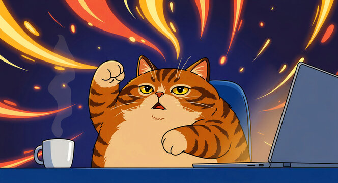 Orange tabby cat raising a paw in front of a laptop computer. Funny feline worker with an intense expression and fiery background effects. Motivational concept for remote work success and gaming.