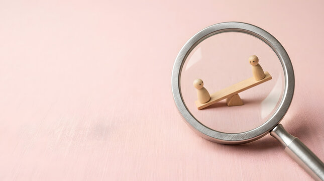 Wooden figurines on unbalanced seesaw through magnifying glass | Concept of social inequality and gender pay gap | Investigation of unfair treatment | Scrutiny of human rights and justice